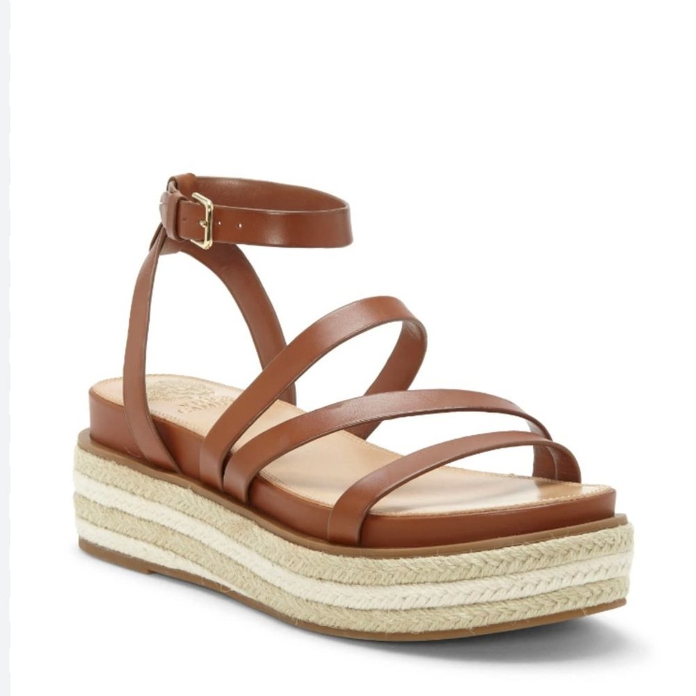 🌿 Vince Camuto Aevie Leather Strappy Platform Espadrille Sandals in Tan/ C…